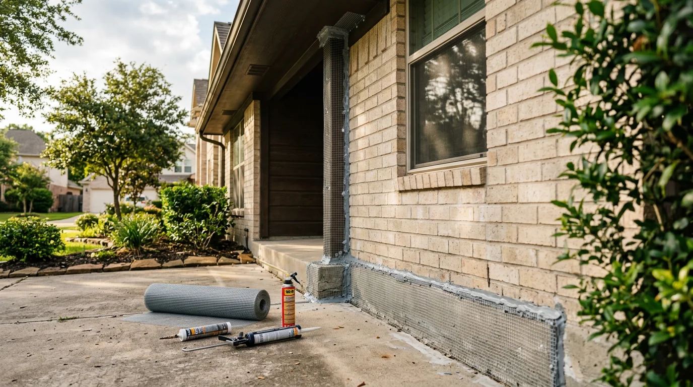 Technician sealing rodent entry points on exterior of home