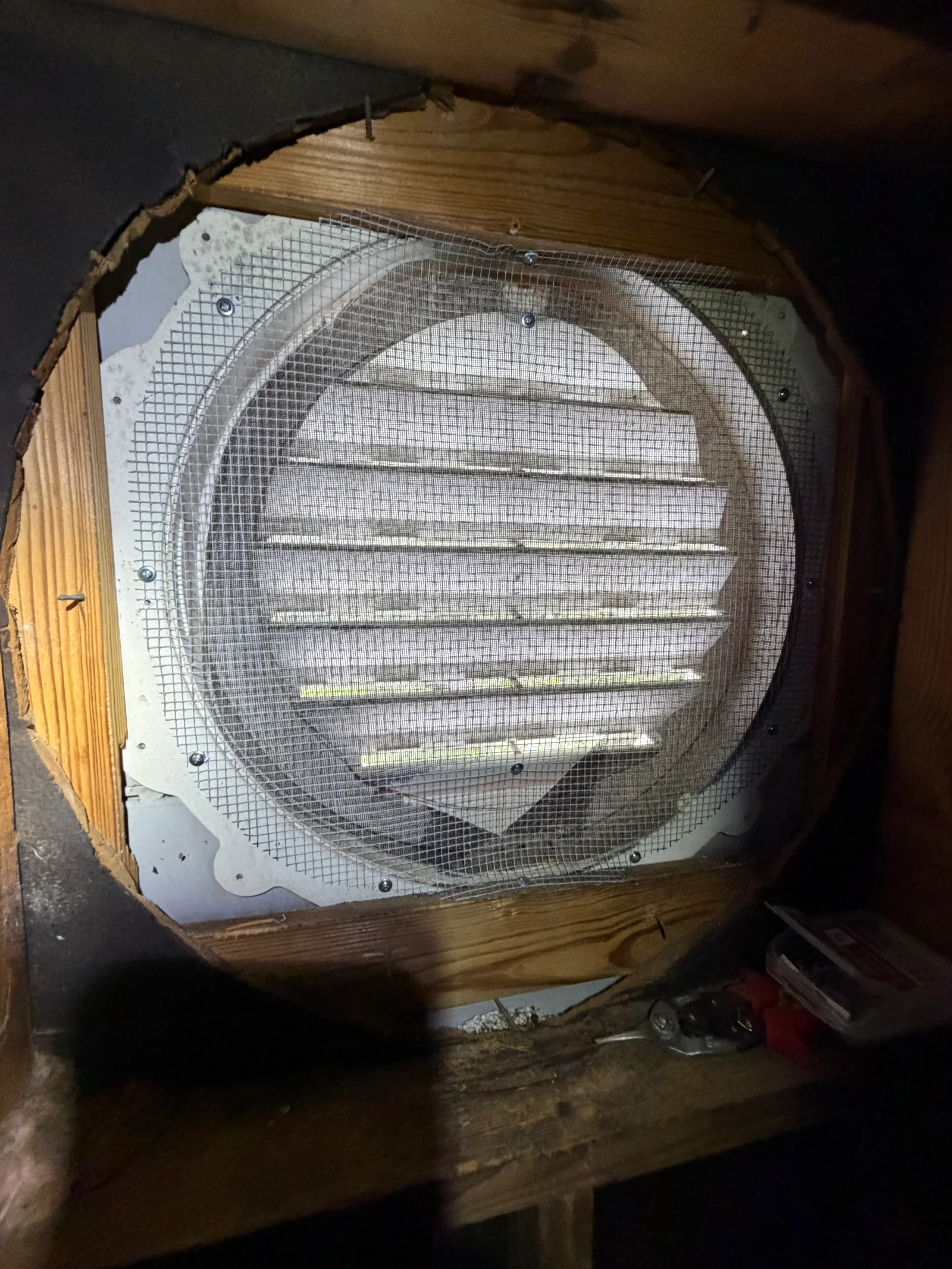 Round attic vent with wire mesh screening and horizontal baffle installed to prevent rodent entry