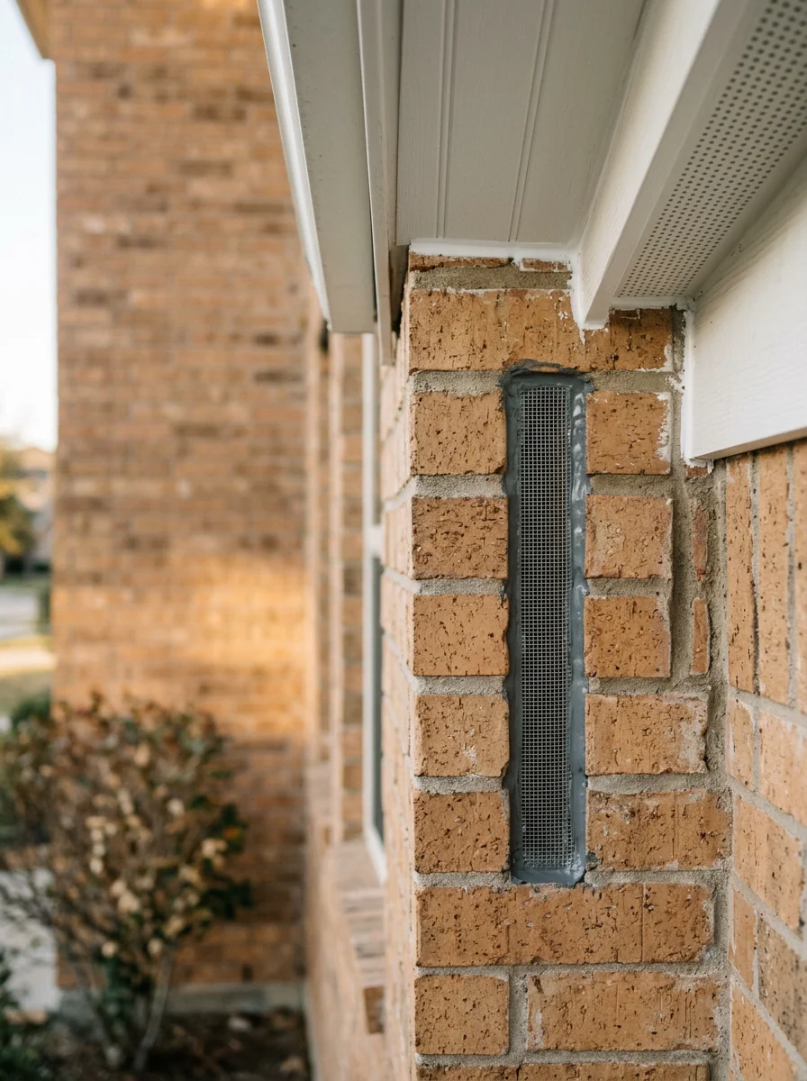 Close-up of a sealed weep hole and repaired soffit on a Cypress, TX home after rodent exclusion work, showing metal mesh and caulked gaps along the brick exterior.