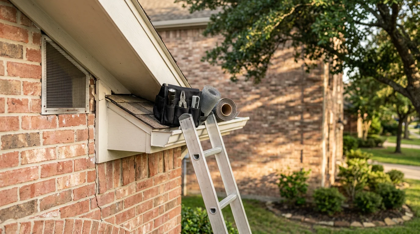 A wildlife removal technician inspecting the roofline and soffit of a brick suburban home in Cypress, TX, checking for rodent entry points near the attic vent.
