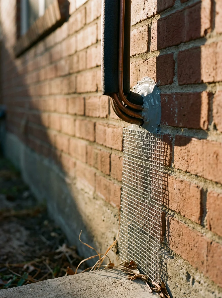 Sealed weep holes and caulked AC line penetrations on the brick exterior of a Houston slab home after professional rodent exclusion, with metal mesh visible at the foundation line.