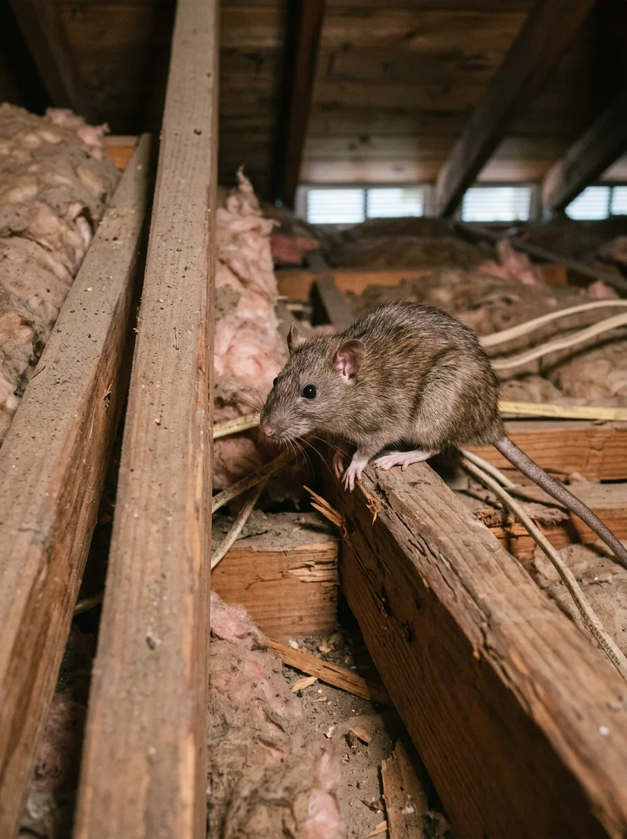 Close-up of a roof rat in an attic, illustrating the rodent removal and exclusion services Rodriguez Rodent Defense provides in Humble