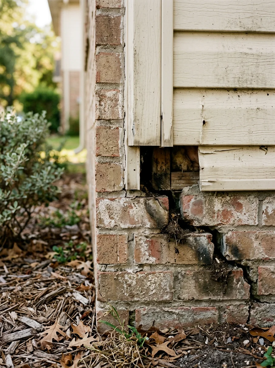 Close-up of foundation crack and weathered exterior siding on aging Jersey Village home showing rodent entry points