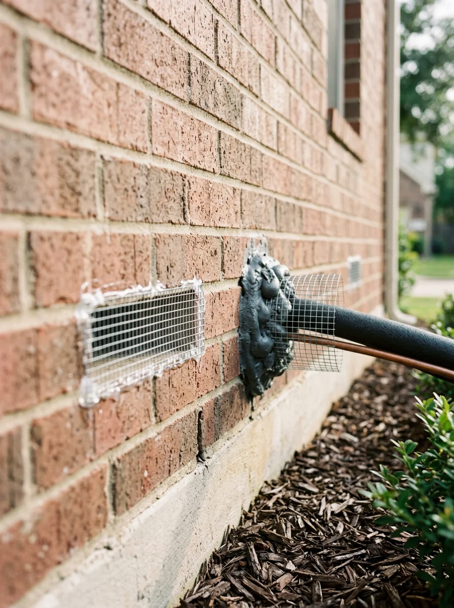 Metal mesh installed over weep holes and a sealed AC line penetration on the brick exterior of a Katy, TX home after rodent exclusion, showing chew-resistant materials at the foundation line.