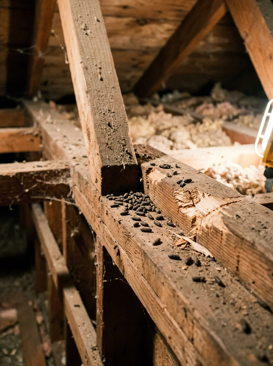Close-up of rodent droppings and gnaw marks on wooden structure in attic or crawlspace