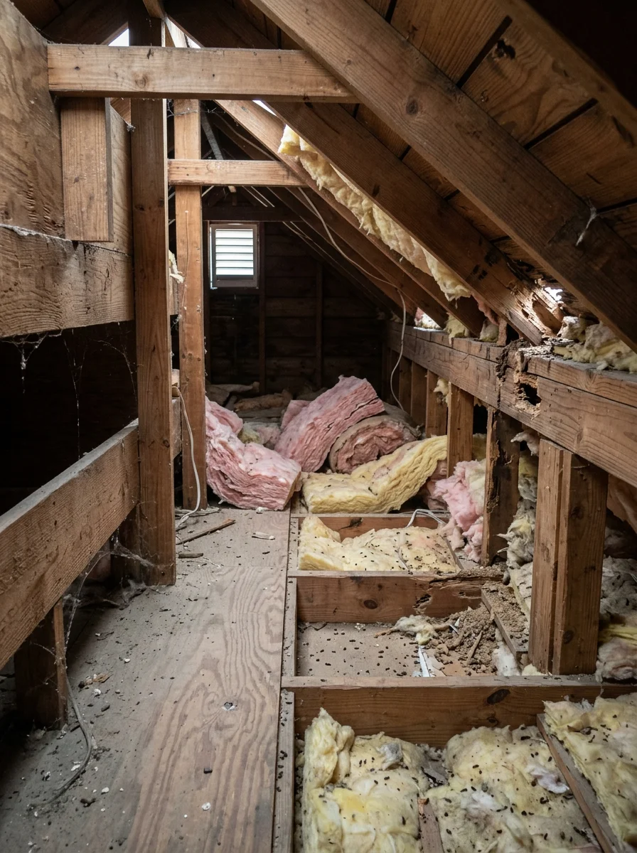 Attic insulation and wooden framing showing potential rodent entry points and nesting areas in Missouri City homes