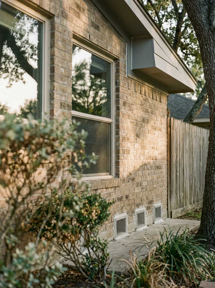 Sealed weep holes and a repaired soffit panel on an 1980s-era brick home in Pearland's Southwyck neighborhood after rodent exclusion, showing metal mesh installed at the foundation line.