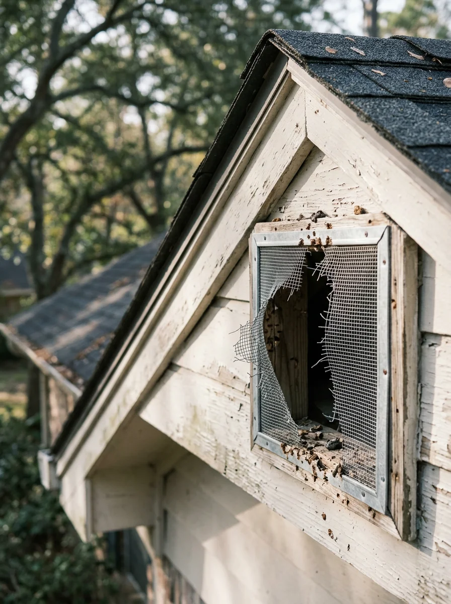 Chewed and damaged attic vent screen on a Spring, TX home near a wooded creek corridor, showing roof rat entry damage at the fascia line before exclusion repair.