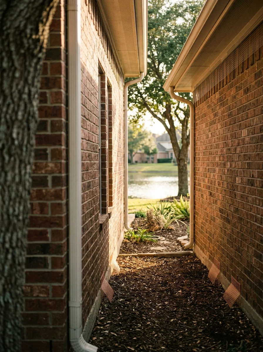 Sealed soffit gap and screened weep holes on a 1990s-era brick home in Sugar Land's New Territory neighborhood after rodent exclusion, with a retention pond visible in the background.