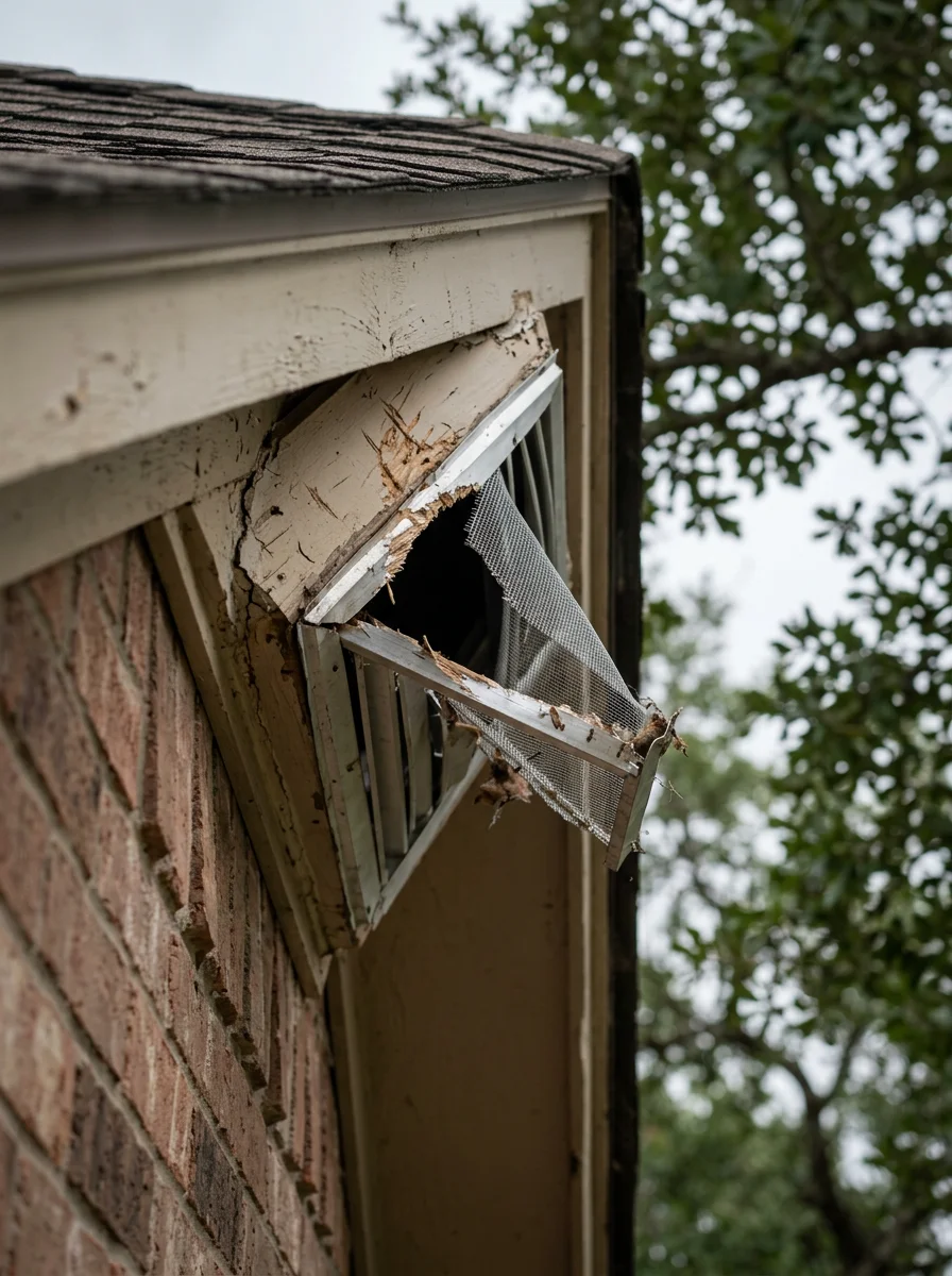 Close-up of a chewed attic vent screen on a home in The Woodlands, TX, showing squirrel entry damage at the fascia line with tree canopy visible overhead.