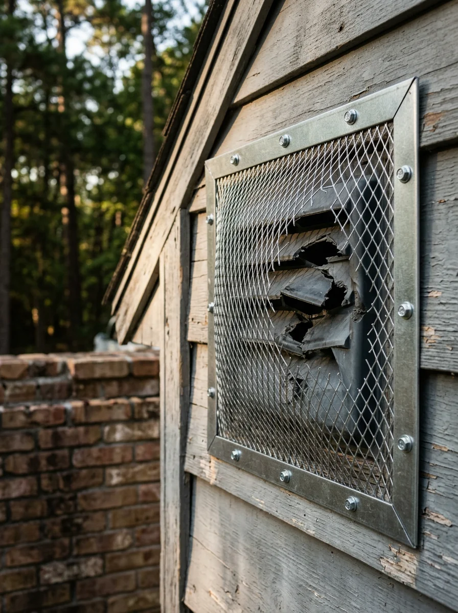 Chew-resistant metal vent cover installed over a damaged plastic attic vent on a Tomball, TX home after squirrel exclusion, with a wooded backyard visible behind the roofline.