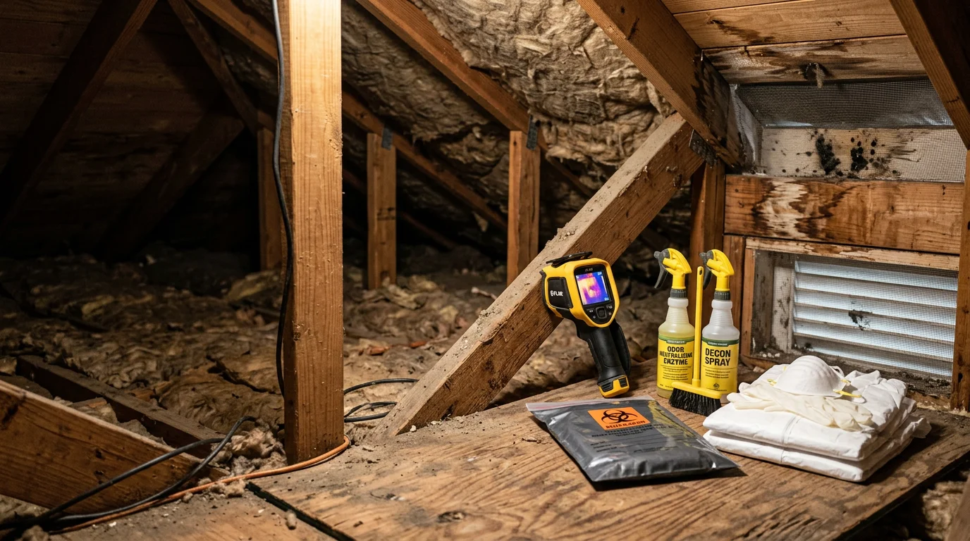 A Rodriguez Rodent Defense LLC technician in protective gear carefully extracting a dead animal carcass from a residential attic space in Cypress, Texas. The surrounding insulation and attic structure are visible in the background.