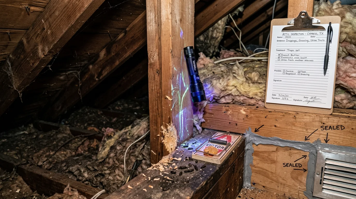 A Rodriguez Rodent Defense LLC technician inspecting an attic space in a Cypress, Texas home for signs of active rodent activity including droppings, gnaw marks, and entry points along the roofline.