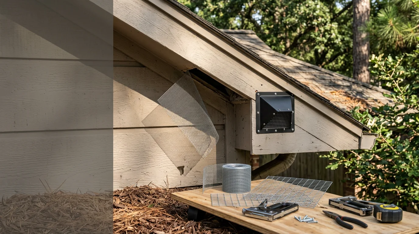 A wildlife removal technician inspecting a damaged soffit vent on a Cypress, TX home where a raccoon gained attic access. Close-up view of the entry point before repair.