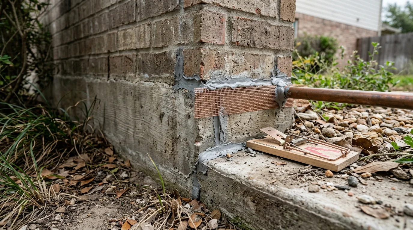 A Rodriguez Rodent Defense LLC technician inspecting the exterior foundation and pipe penetrations of a Cypress, Texas home for mice entry points. Close-up view showing a small gap around a utility pipe where mice can enter a residential structure.