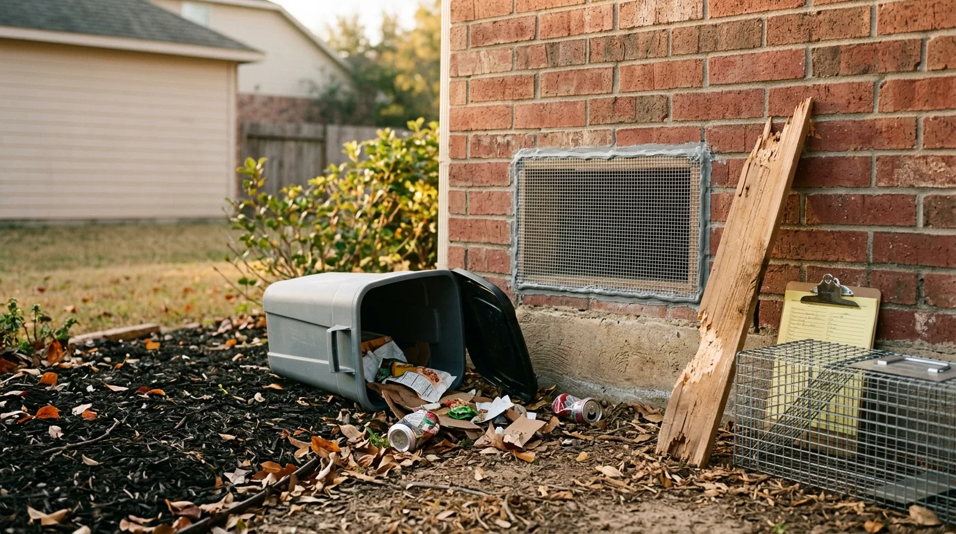 A wildlife removal technician inspecting a crawl space entry point beneath a Cypress, Texas home following opossum removal. The image shows a sealed foundation vent and cleared nesting debris.