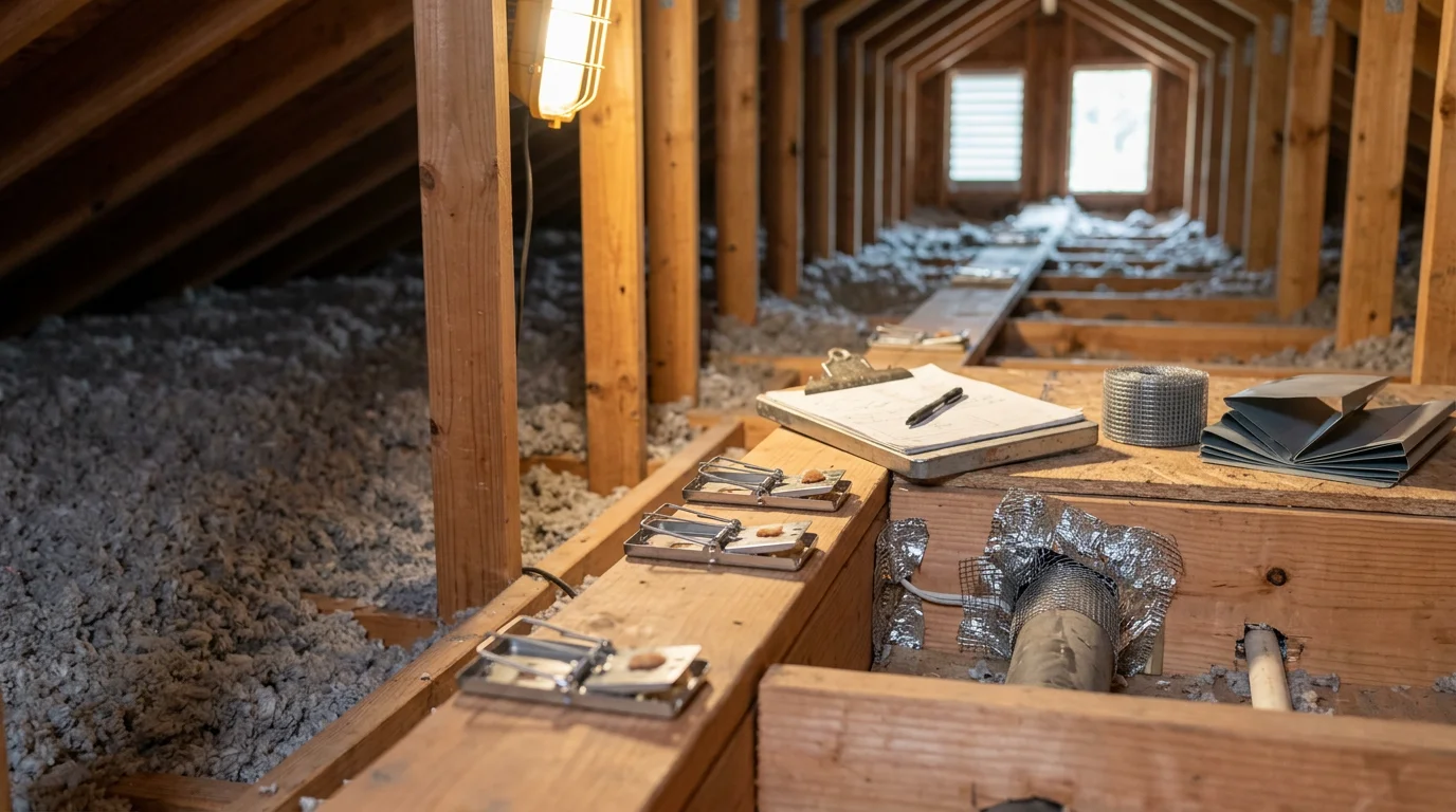 A Cypress, Texas home attic showing a sealed soffit vent and closed entry points after professional rat removal service. A Rodriguez Rodent Defense LLC technician inspects the roofline exterior for signs of rat activity.