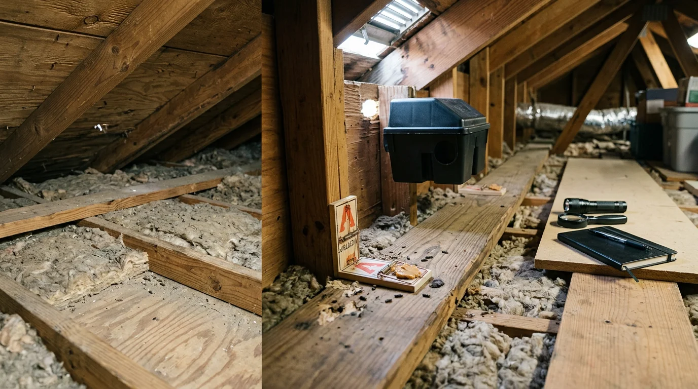 A pest control technician from Rodriguez Rodent Defense LLC inspecting a Cypress, Texas attic for signs of roof rat activity, including droppings and chewed insulation. Close-up view of rodent damage to wiring and nesting material found during a residential rodent control inspection.