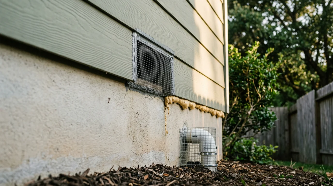 A pest control technician inspecting and sealing a roofline gap on a Cypress, Texas home during a rodent exclusion service. Close-up view of a sealed soffit and vent opening on a suburban Houston-area home to prevent rat and mouse entry.