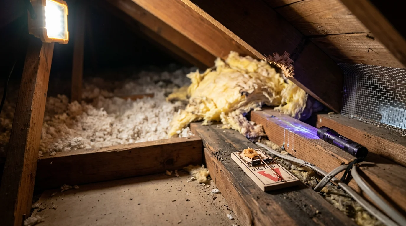 A Rodriguez Rodent Defense LLC technician inspecting an attic entry point on a Cypress, Texas home for signs of rodent activity and potential access gaps. Close-up view of a sealed roof vent and surrounding roofline after professional rodent exclusion work.