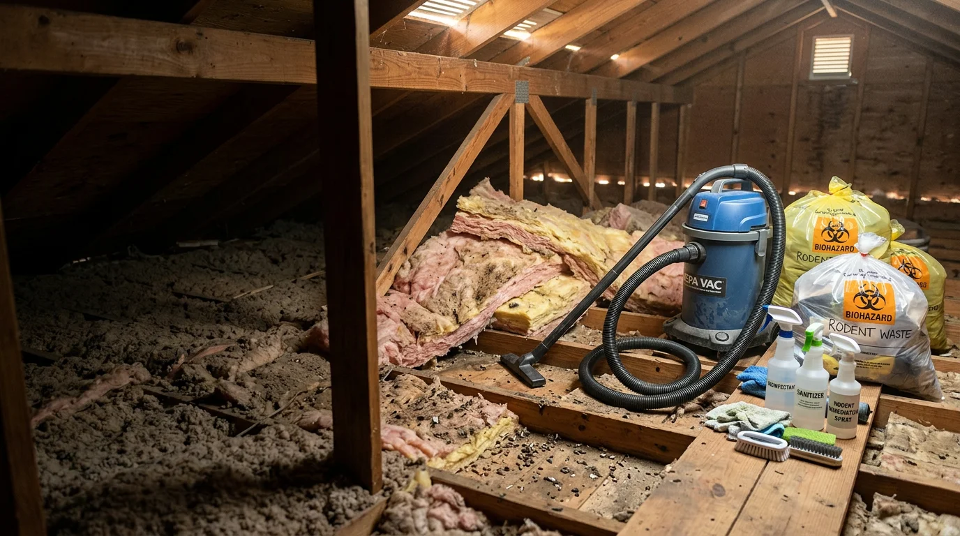 A Cypress, Texas attic space after professional rodent sanitation, showing cleared insulation areas and cleaned surfaces following rat activity. Rodriguez Rodent Defense LLC technician equipment visible during the cleanup process in a residential home.