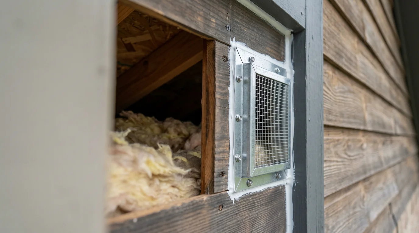 A technician from Rodriguez Rodent Defense LLC inspecting a Cypress home attic for squirrel entry points along a damaged soffit vent. Chewed insulation and a small gnawed opening in the roofline are visible in the foreground.