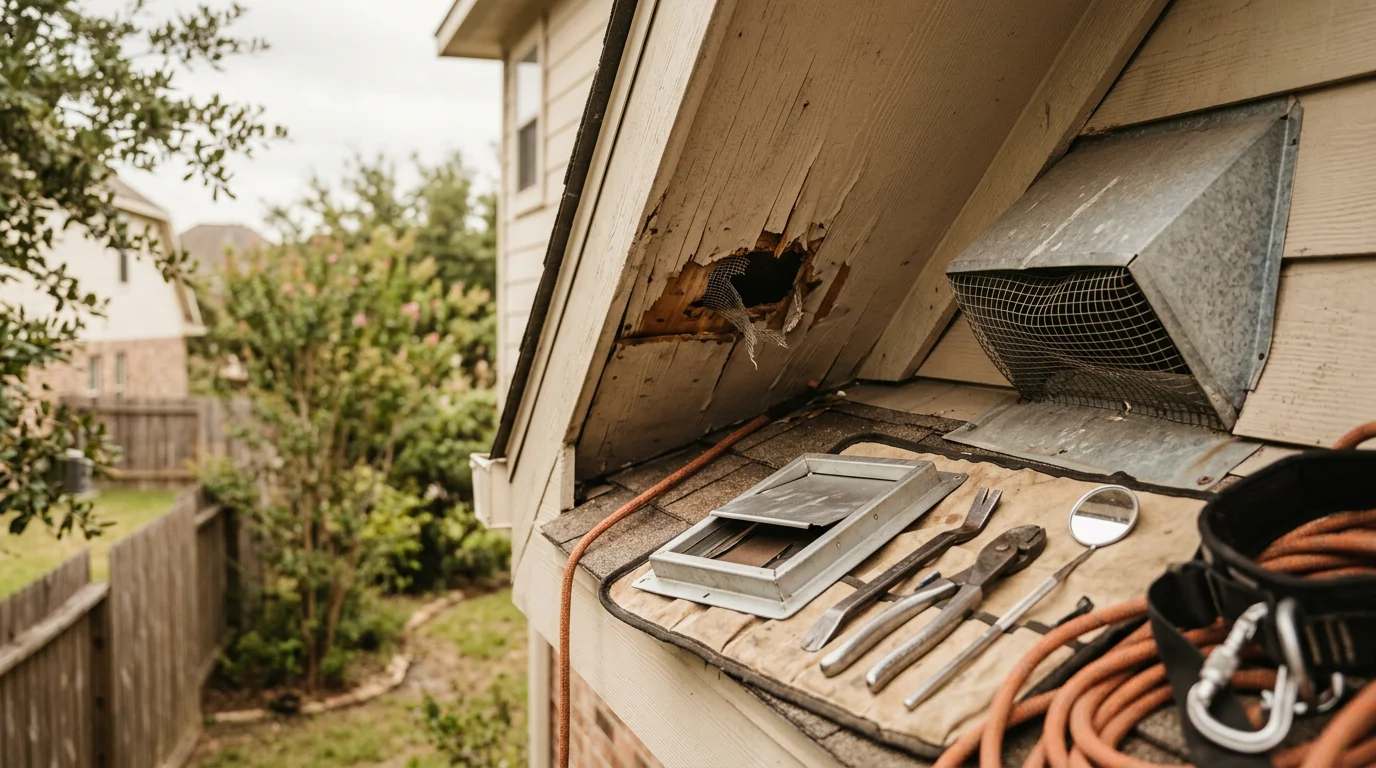 A wildlife control technician inspecting an attic entry point on a Cypress, Texas home for signs of raccoon or squirrel activity. Damaged soffit and roof vent visible near the roofline.