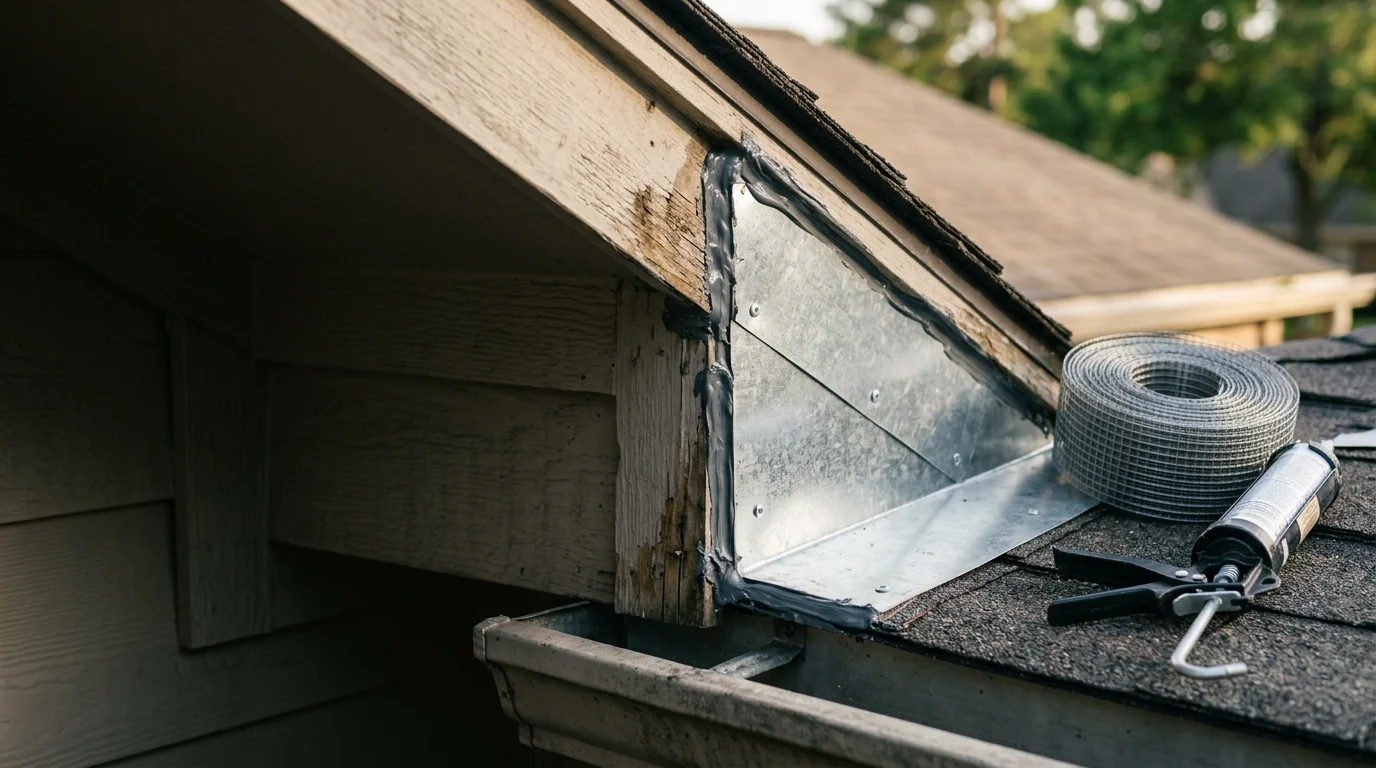 A pest control technician from Rodriguez Rodent Defense LLC inspecting and sealing a soffit gap on a residential home in Cypress, Texas. The image shows a roofline entry point being closed off as part of a wildlife exclusion service.