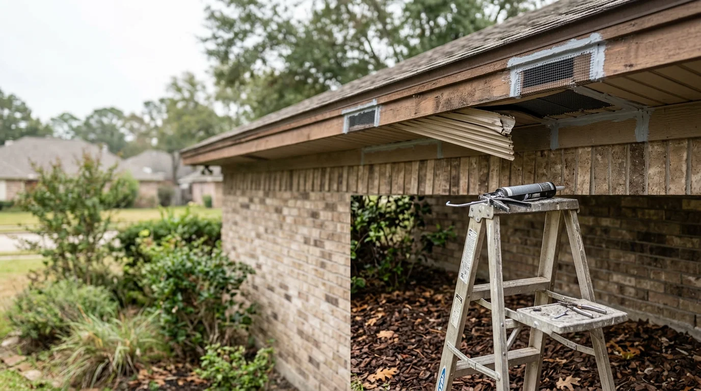 A wildlife removal technician inspecting an attic roofline gap on a suburban home in Cypress, Texas. The image shows a common wildlife entry point along the soffit where an animal has pushed through to access the attic space.